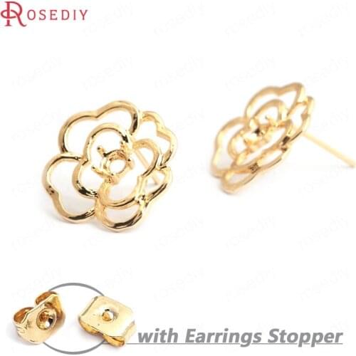 F024)6 pieces 18x17.5mm 24K Gold Color Brass Flower Stud Earrings High Quality Diy Jewelry Findings Accessories