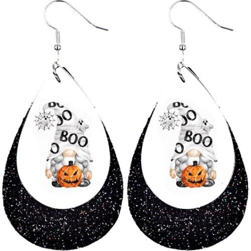 Hot Selling Gnomes Boo Halloween Faux Leather Teardrop Earrings Layered Sequins Imprint Pumpkin Printed Earrings New