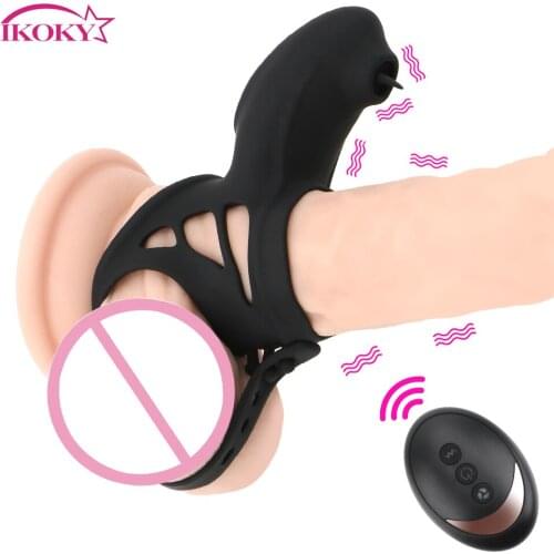 IKOKY 10 Speeds Cock Ring Vibrator Delay Ejaculation Tongue Lick Clitoris Vibrator Adult Toy Vibrating Penis Rings USB Charging