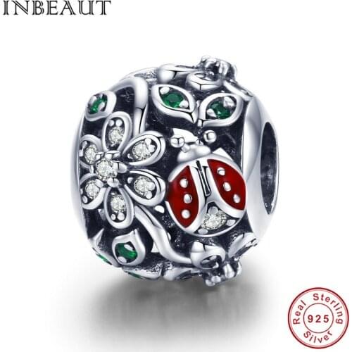 INBEAUT 100% Real 925 Sterling Silver Cute Beetle Tree Flower Carved Red Insect Beads Charm fit Brand Bracelet Christmas Gift