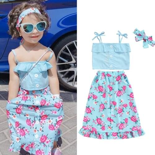 3PCS Toddler Girls Summer Clothes Sleeveless Self-Tie Ruffle Strap Tank Tops + Floral Midi Skirt + Headband Set For 1-6Years