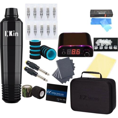 EZ Complete Beginner Tattoo Kit Motor Pen Machine with Power Supply Foot Pedal Cartridge Tattoo Needles Set Tattoo Supply