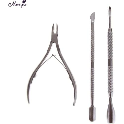 Monja 3 Pcs Stainless Steel Cuticle Pusher Trimmers Nail Art Kit Dead Skin Cleaning Remover Clipper Scissors Manicure Set