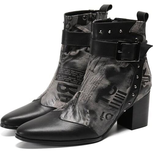 Christia Bella New High Heel Men Ankle Boots Rivets Buckle Party Real Leather Dress Boots Pointed Toe Increase Height Men Boots