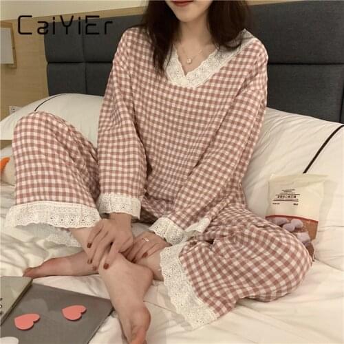 CAIYIER Korean Ulzzang Pink Plaid Print Pajamas Set Lovely V-Neck Girls Nightwear Loose Casual Long Sleeve Winter Homewear Suit