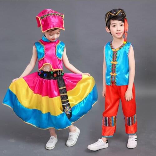 Girls Chinese minority National Dress for Stage Costumes Child Hmong Korean Dance Clothing Kids Traditional Dance wear Outfit