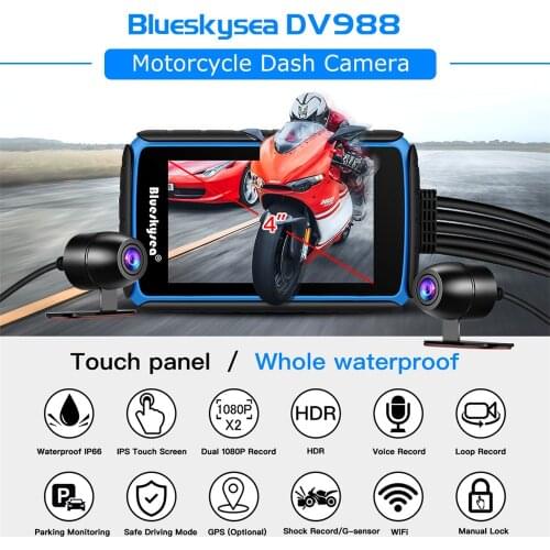 Blueskysea DV988 Touch Screen Motorcycle Dash Cam 1080P Dual Lens DVR Moto Waterproof WiFi Camera With GPS 24H Parking Monitor