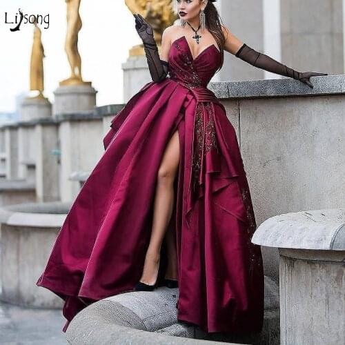 Vintage Burgundy Prom Dresses High Side Split Delicate Embroidery Beaded Lace A-line Prom Gowns Robe De Soiree Abendkleider