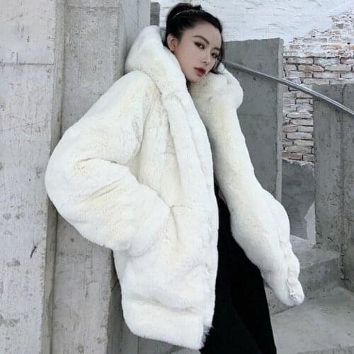Hooded Collar Thickened Female 2021 Rex Rabbit Fur Coat Super Warm Windproof Casual Outdoor Spring Winter White Women jacket