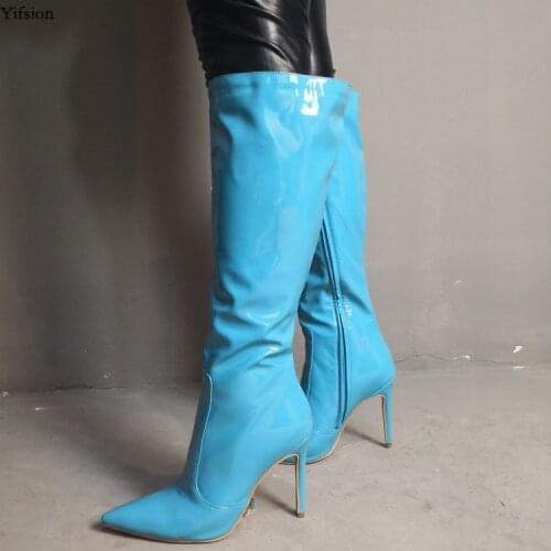 Olomm New Women Knee High Boots Sexy Stiletto High Heels Boots Pointed Toe Light Blue Fashion Shoes Women Plus US Size 5-15
