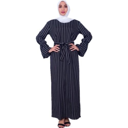 Womens Muslim Dubai Sashes Abayas Arab Women Fashion Stripe Dress Arabic Turkish Kaftan Female Clothing