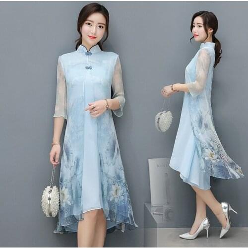 Fashion 2019 Spring Summer Chinese Style Robe Folk Dress Cheongsam Loose Women Dress Elegant Ladies Ao Dai Vietnam Dress TA1269