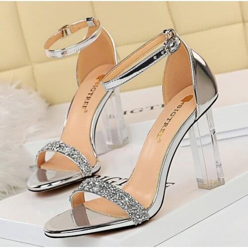 Comemore 2021 Summer Women Wedding Shoes 9.5cm High Heels Crystal Sandals Bling Silver Black Heels Suede Pumps Lady Plus Size 43