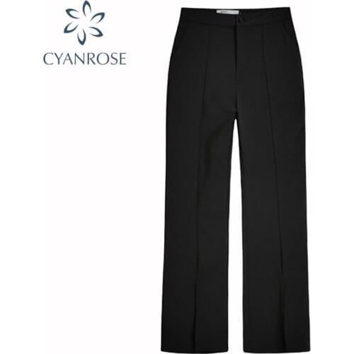 Black Casual Pants Women Chic Vintage Straight Tube High Waist Skinny Trumpet Pants 2021 Autumn Front Split Female Long Trouser