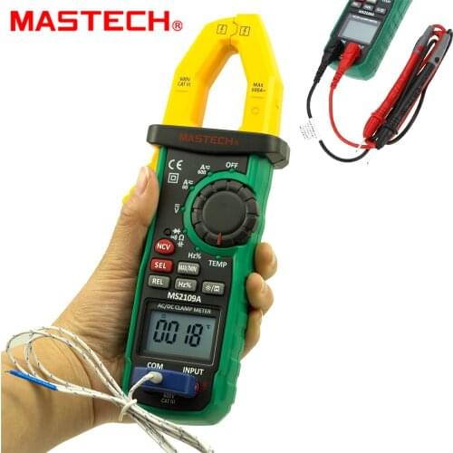 Mastech MS2109A Auto Range Digital AC DC Clamp Meter 600A Multimeter Volt Amp Ohm HZ Temp Capacitance Tester NCV Test
