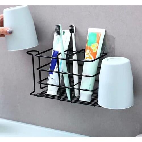 Punch-free Stainless Steel 21.5x7.5x10.5cm Size Black Toothbrush Holder Household Washing Storage Rack Lattice Toothbrush Holder