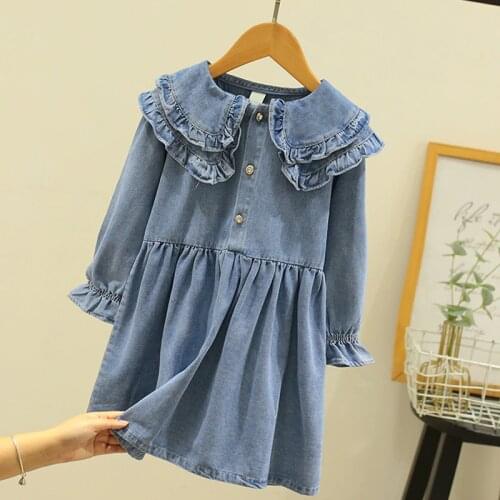 Fashion Baby Girls Denim Dresses Autumn New Doll Collar Long Sleeve Kids Princess Dresses Cute Toddler Girls Clothes Vestidos