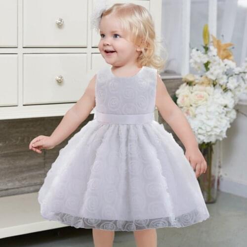 2021 Infant Baby Girls Flower Dresses Christening Gown Newborn Baby Clothes Baptism Princess Tutu 1st Birthday White Bow Dress