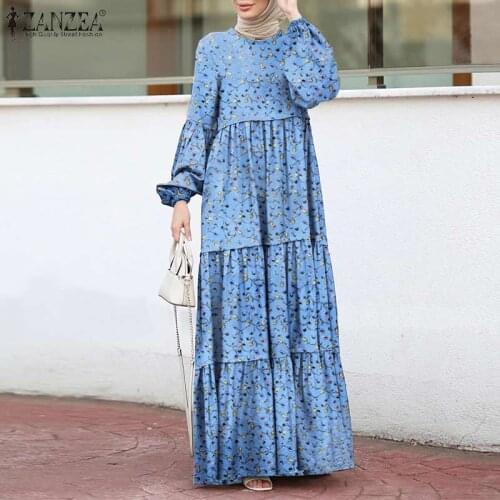 Elegant Print Ruffle Dress Womens Muslim Sundress ZANZEA Casual Puff Sleeve Maxi Vesitdos Female Layered Printed Robe Plus Size