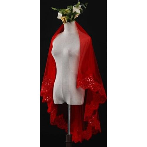 Cheap Real Photos 1.5 M Red Ivory Wedding Veil Sequins Lace One-Layer Short Bridal Veil Head Veil Wedding Accessories Hot Sell