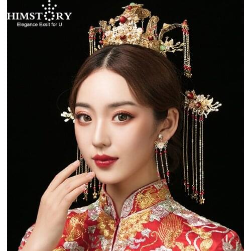 HIMSTORY Luxurious Traditional Chinese Wedding Hair Accessories Retro Costume Princess Queen Tassel Hairwear Headpiece Jewelry