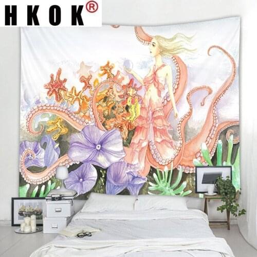 HKOK Octopus Fairy Flower Cartoon Tapestry Hanging Covering Rugs Background Cloth Beach Mat Blanket Art Bedroom Living Home Deco
