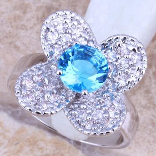 Exquisite Sky Blue Cubic Zirconia White CZ Silver Plated Womens Ring Size 6 / 7 / 8 / 9 R1093