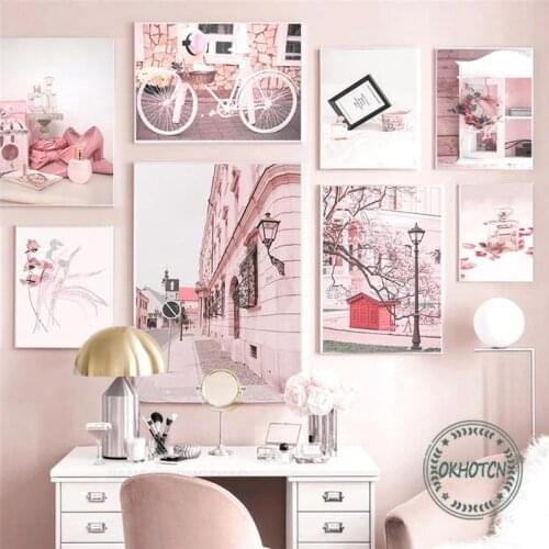 Pink Sweet Style Scenery Bicycle Poster Modern Nordic Fashion Flower Perfume High Heels Picture Wall Art Canvas Painting
