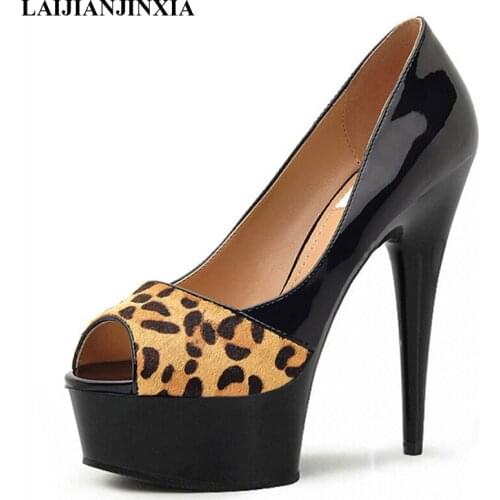 LAIJIANJINXIA 6 inch Sexy leopard print high heels With Platform Crystal shoes 15cm lady Exotic Dancer shoes peep toe sexy Pumps