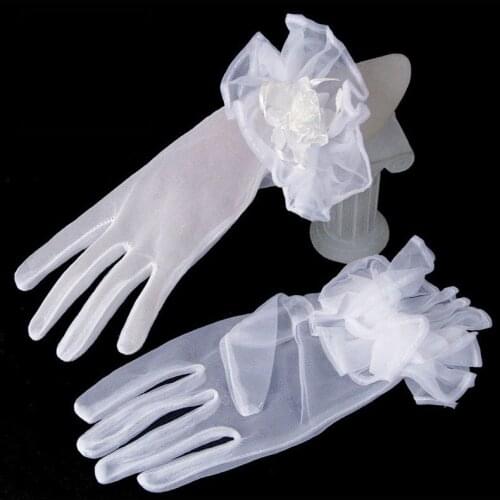 Summer Tulle Gloves with Flowers Bride Wedding Sexy Transparent White Ivory Short Design Gloves Women Mitten Gloves