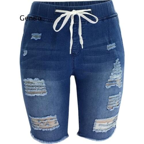 Summer Denim Ripped Bermuda Shorts Women Blue Drawstring Closure Distressed Knee Length Stretch Short Jeans