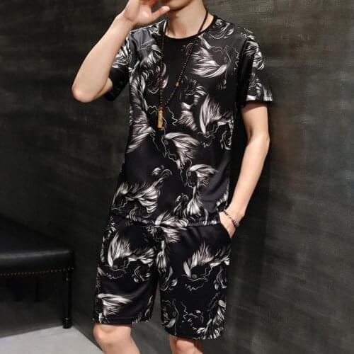 Summer Men Sport Suit Printed Loose Casual Two-piece Homewear Suit Breathable 2021 comfortable Fitness костюм мужской