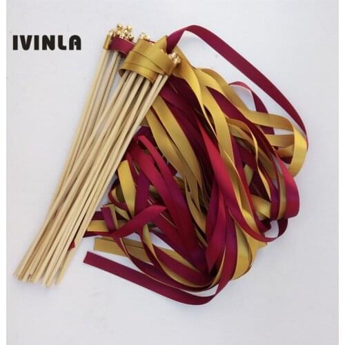 Hot selling 50pcs/lot Wine and Gold wedding ribbon wands with gold bell