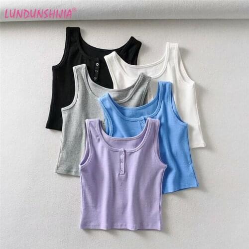 LUNDUNSHIJIA 2021 Summer Streetwear Fashion Womens Crop Top Elastic Cotton Three Buttons Sleeveless Tank Top Bar 5 Colors