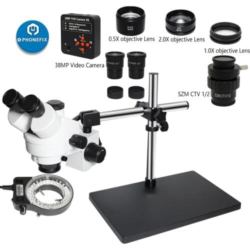 3.5X-90X Simul-Focal Trinocular Stereo Microscope VGA/38MP Digital Camera Microscopio with Stand for Phone Soldering PCB Repair