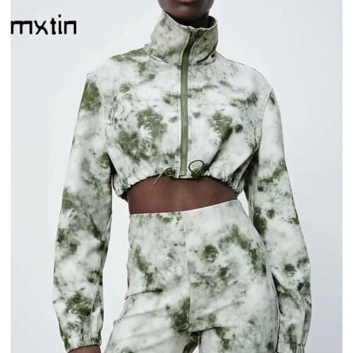 MXTIN 2021 Women Spring Fashion Tie Dye Cropped Sweatshirts Fashion High Neck Long Sleeve Zipper Female Harajuku Tops
