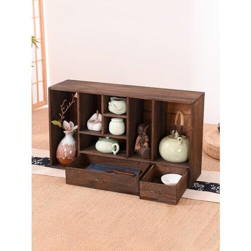 Char-grilled Solid Wood Shelf Desktop Organizer with Drawers