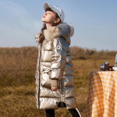 New Russian Kids Winter Down Jacket For Girls Glossy Waterproof Warm Coat Teenage Parka Real Fur Collar Snowsuit Jacket Y3625