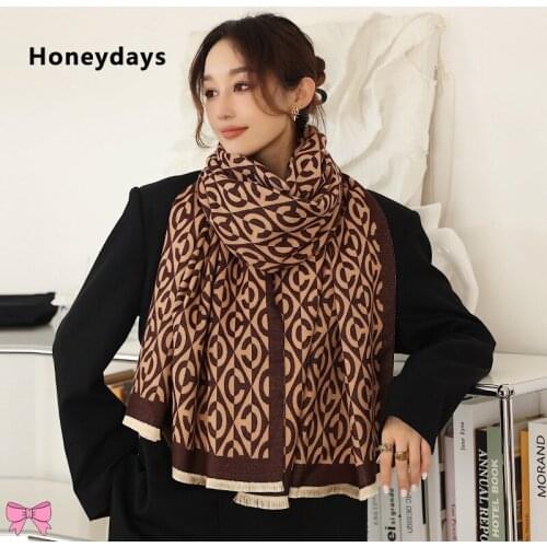 New Designer Fashion Geometric Print Cashmere Scarf Winter Warm Tassel Shawl Double-sided Twotone Long Scarves Pashmina Blanket