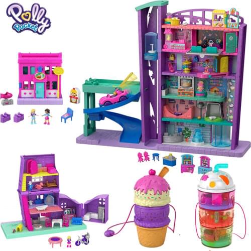 Original Polly Pocket Pollyville Mega Mall Super Pack Accessories Toys for Girls Shopping Center Girls Hot Toys House Playset