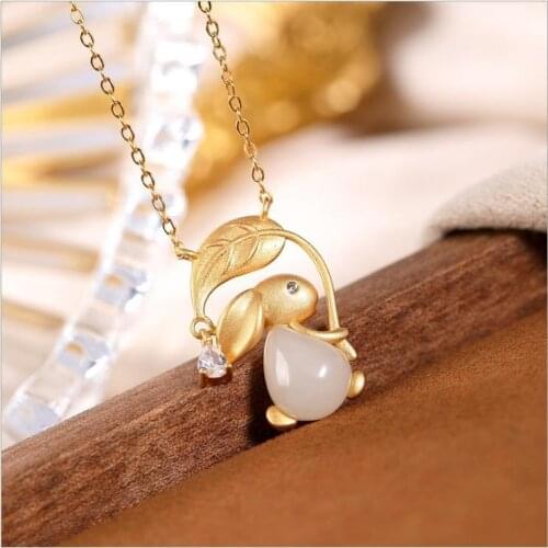 Natural Hetian White Jade Golden Branch Jade Rabbit Pendant Necklace Chinese Retro Stay Cute Romantic Give Friends Holiday Gifts