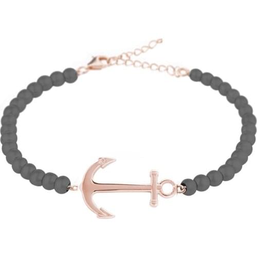 Runda 2020 New Arrival Rose Gold Anchor Charms Bracelet for Women Fashion Stainless Steel Black Beaded Jewellery