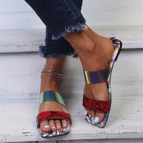 Large Size Snake Print Laser Strap Women Slides Colorful Flat Sandals 2021 Summer Beach Sandalias Mujer Claquette Femme Slippers