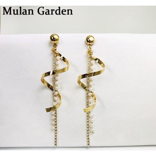 M&G Spiral Zircon Chain Pendant Earrings Gold Imitation Pearl Elegant Fashion Earring Women Jewelry Accessories Gift 2019