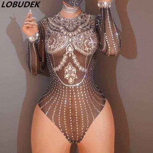 Mesh Bodysuit Silver Rhinestones Stretch Black Transparent Jumpsuit Nightclub Bar Sexy DJ Pole Dancing Costume Show Stage Wear