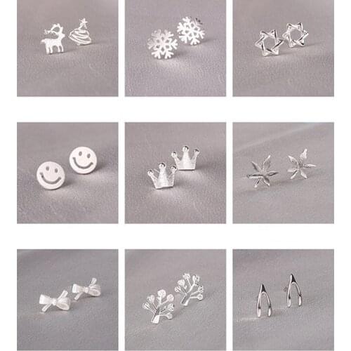 Sterling Silver Piercing Tree Crown Bowknot Heart Stud Earrings For Women Elegant Wedding Jewelry