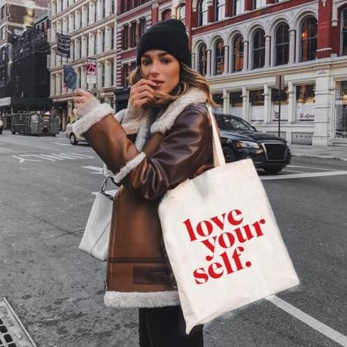 Women Shopping Totes Bag Love Yourself Print Female Canvas Shoulder Bag Feminism Girls Travel Handbag Reusable Foldable Eco Bags