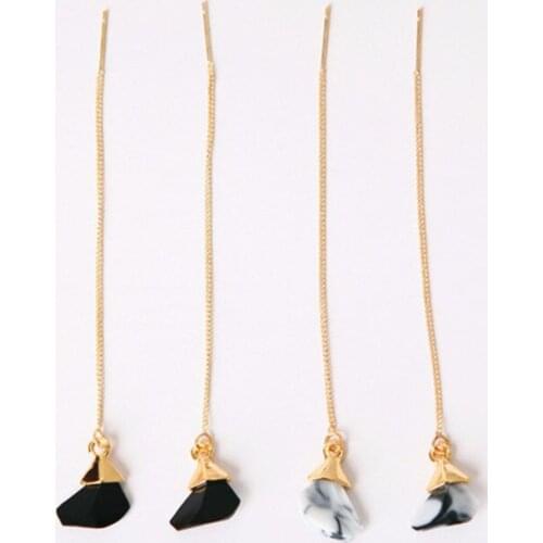 Trendy Retro Triangle Geometric Metal Chain Tassel Ear Jewelry Marbled White Faux Stone Stud Earrings Bohemian For Women Gift