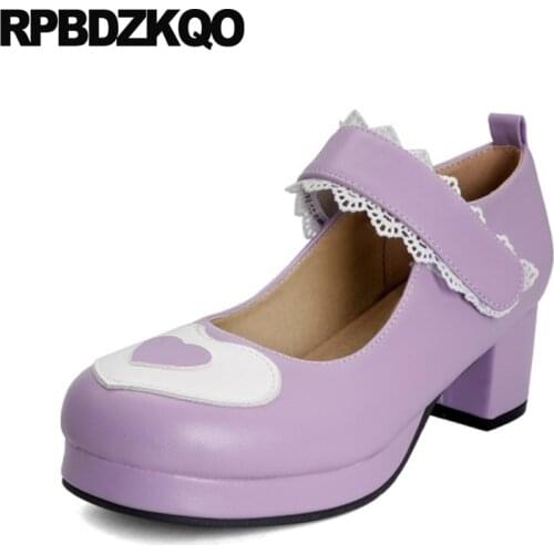 High Heels School Big Women Shoes Size 45 Pumps Purple Thick Heart Lace 12 44 Round Toe 11 43 Mary Jane Lavender Lolita Platform