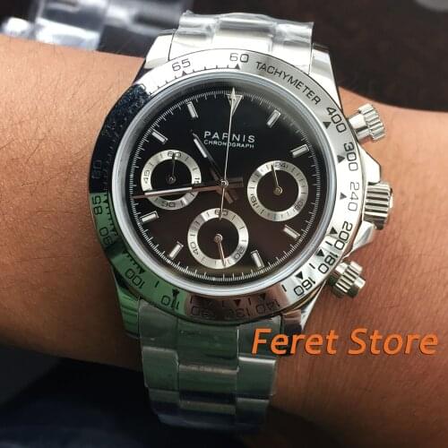 Solid 39mm PARNIS Quartz mens watch Full Chronograph black dial luminous sapphire glass silver bezel stop watch men pa13